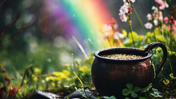 ai generado maceta de oro monedas en un antecedentes de verde césped y flores foto