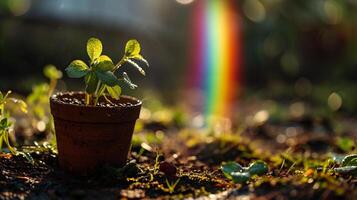 ai generado pequeño plántulas creciente en un arcilla maceta con un arco iris en el antecedentes foto