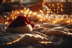 AI generated Santa Claus hat on the bed with Christmas tree in the background. photo