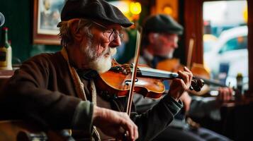 ai generado mayor hombre jugando violín en un pub. antiguo hombre jugando violín. foto