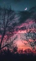 AI generated Beautiful winter landscape with snow covered trees and sunset in the background photo