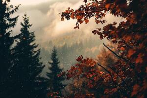 ai generado otoño paisaje con vistoso bosque y brumoso montañas. foto