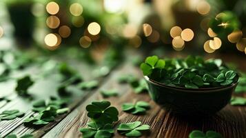 AI generated St. Patrick's Day background with shamrocks and golden coins photo