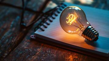 AI generated light bulb and notebook on wooden table,idea and business concept photo