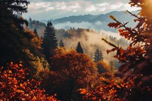 AI generated Autumn landscape with colorful forest and foggy mountains. photo