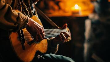 ai generado hombre jugando el guitarra en un rock música festival. de cerca. foto