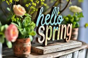 ai generado Hola primavera texto con flores en ollas en un rústico de madera antecedentes foto