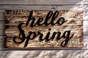 AI generated Hello Spring Sign on Wooden Background. Hello Spring. photo