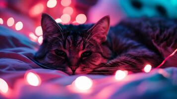 ai generado linda atigrado gato con Navidad luces en antecedentes foto