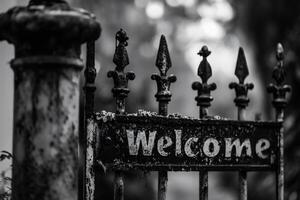 AI generated Black and white photo of a metal gate with the word welcome.