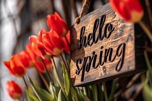 AI generated Hello Spring sign with red tulips in front of a wooden door photo