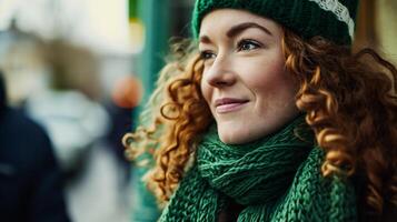 ai generado retrato de un hermosa joven mujer con Rizado rojo pelo en un verde de punto sombrero y bufanda. foto