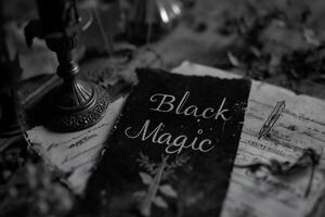 ai generado negro magia libro con alquimia recetas. negro y blanco imagen. foto