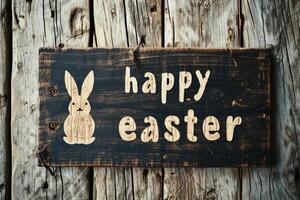 AI generated Happy easter sign on old wooden background. Easter greeting card. photo