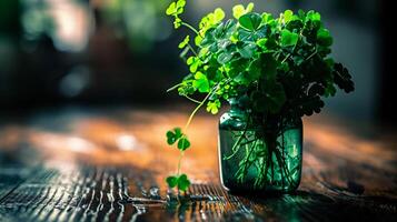 AI generated Green clover in a vase on a wooden table. St.Patrick's Day photo