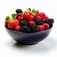 AI generated Blackberry, raspberry and blueberry in bowl isolated on white background photo