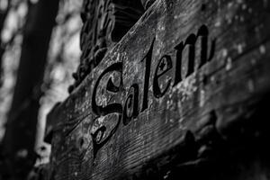 AI generated Old wooden signboard with the word Salem in black and white photo