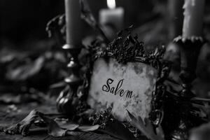 AI generated Old wooden signboard with the word Salem in black and white photo