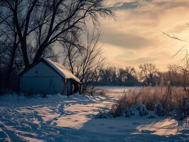 AI generated Winter landscape with a barn and trees in the foreground at sunset. photo