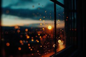 ai generado gotas de lluvia en el ventana a puesta de sol. gotas de lluvia en el ventana. foto