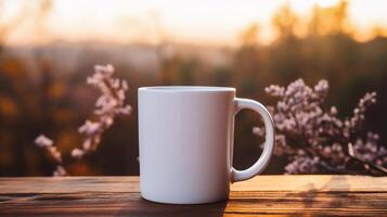 AI generated White coffee cup on wooden table in front of blurred nature background. photo