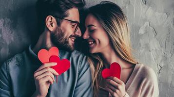 AI generated Cute young couple is holding red paper hearts, looking at camera and smiling while standing against grey background photo