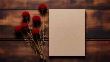 ai generado blanco tarjeta con rojo flores en de madera antecedentes. burlarse de arriba. foto