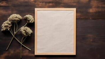 AI generated Blank card with red flowers on wooden background. Mock up. photo