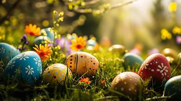 AI generated Easter eggs on green grass with flowers and bokeh effect photo