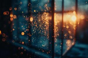 ai generado gotas de lluvia en el ventana a puesta de sol. gotas de lluvia en el ventana. foto