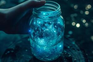 AI generated Moon in a glass jar with bokeh lights on background. photo