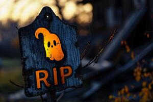 AI generated Halloween sign on a wooden pole in front of an abandoned house photo