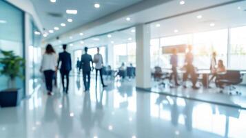 AI generated Blurred image of business people walking in modern office with sunlight. photo