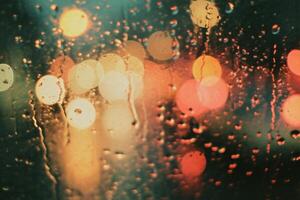 AI generated Raindrops on the window with colorful bokeh. Abstract background. photo