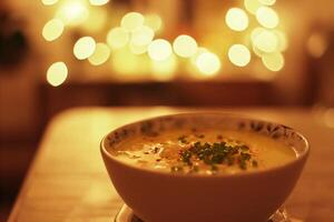 ai generado cuenco de sopa en el mesa con bokeh antecedentes foto