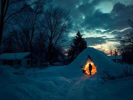 ai generado un tienda en el invierno bosque a noche con un guirnalda. foto