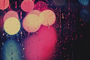 AI generated Raindrops on the window with colorful bokeh. Abstract background. photo