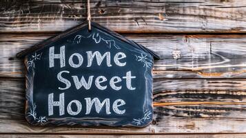 AI generated Home sweet home written on a chalkboard on a rustic wooden background photo