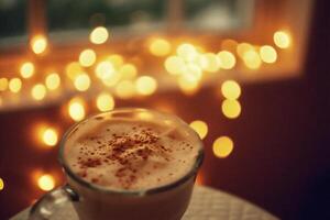 ai generado café latté macchiato con Navidad luces foto