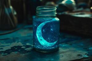 ai generado Luna en un vaso tarro con bokeh luces en antecedentes. foto