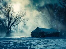 AI generated Tent in the winter forest. Foggy day. photo