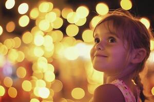 AI generated Little girl on the background of the night city lights. Bokeh photo