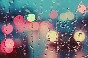 AI generated Raindrops on the window with colorful bokeh. Abstract background. photo