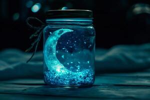 AI generated Moon in a glass jar with bokeh lights on background. photo