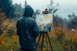 AI generated A man in a raincoat paints a picture on an easel in the autumn forest. photo