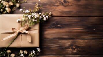 AI generated Gift box with a bow and flowers on a wooden background. photo