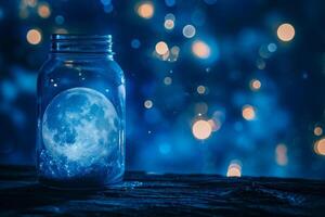 AI generated Moon in a glass jar with bokeh lights on background. photo