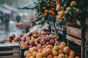 ai generado frutas en el mostrador de un agricultores mercado. bokeh antecedentes foto