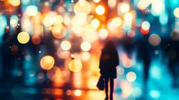 ai generado silueta de un mujer caminando en el ciudad calle con ligero bokeh antecedentes. foto