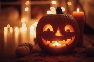 AI generated Halloween pumpkin head jack o lantern with candle light on bokeh background photo